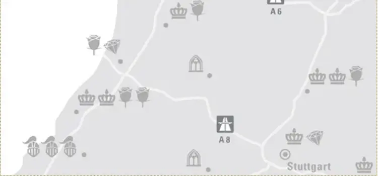 Illustration: Staatliche Schlösser und Gärten Baden-Württemberg, JUNG:Kommunikation GmbH Karte der Region "Stolze Residenzen der Kurpfalz"