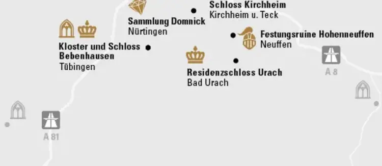 Illustration: Staatliche Schlösser und Gärten Baden-Württemberg, JUNG:Kommunikation GmbH Karte der Region "Vom Schönbuch bis zum Albtrauf"