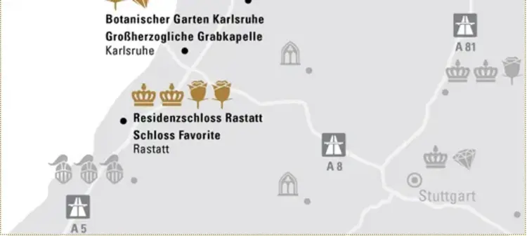 Illustration: Staatliche Schlösser und Gärten Baden-Württemberg, JUNG:Kommunikation GmbH Karte der Region "Prachtvolles rund um die Badenmetropole"
