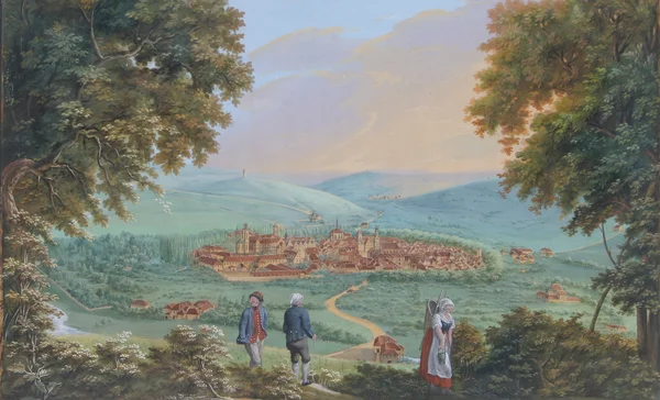 Foto: Deutschordensmuseum/Foto Besserer, Lauda-Königshofen Farbige Ansicht zeigt Mergentheim mit Schloss, Kirchen und Stadtmauer, im Vordergrund den Fluss Tauber