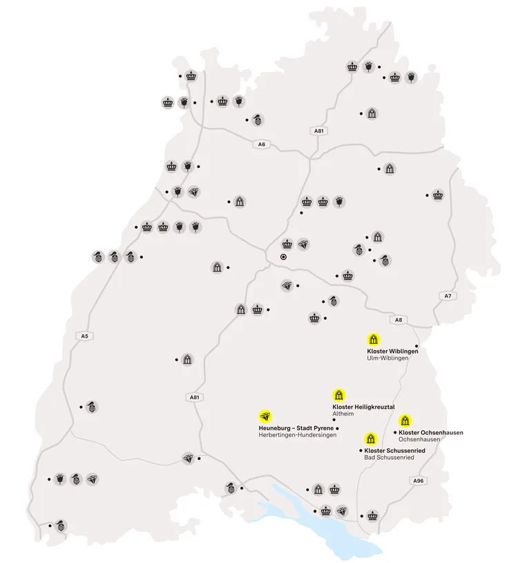 Illustration: Staatliche Schlösser und Gärten Baden-Württemberg, JUNG:Kommunikation GmbH Karte der Region "Klöster und Kelten in Oberschwaben"