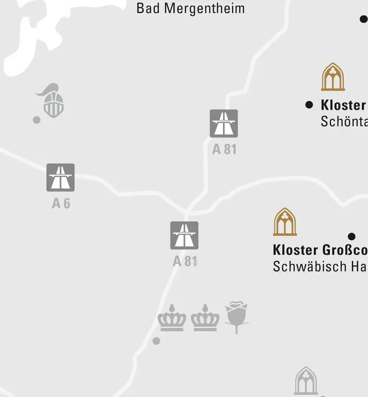 Illustration: Staatliche Schlösser und Gärten Baden-Württemberg, JUNG:Kommunikation GmbH Karte der Region "Verborgene Schatzkästchen im Nordosten"
